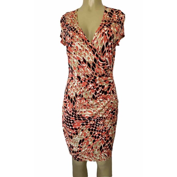 Cache Dress Sheath Cap Sleeve Faux Wrap Orange Coral Surplice V neck Ruc… - Picture 1 of 5